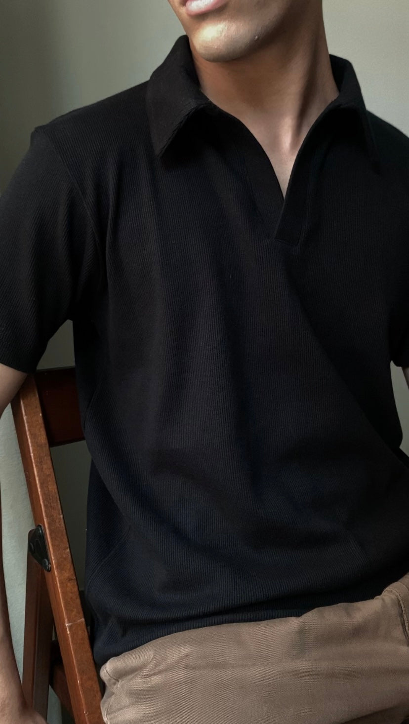 Black - Buttonless Textured Polo