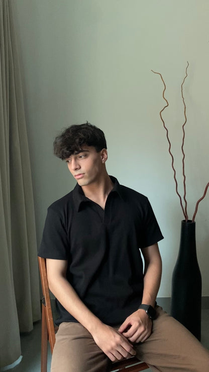 Black - Buttonless Textured Polo