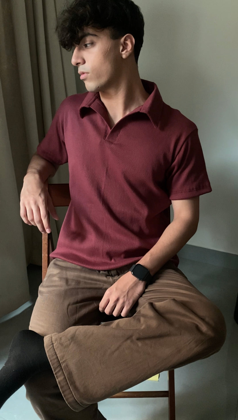 Maroon - Buttonless Textured Polo