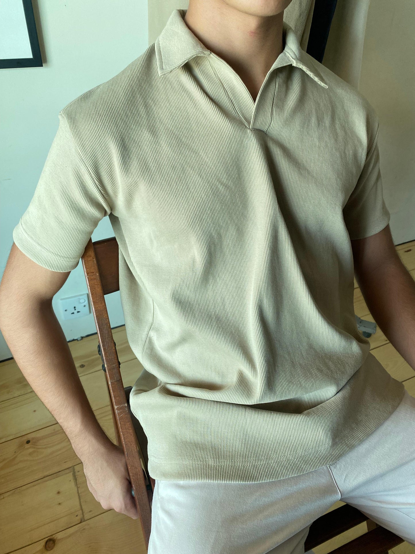 Beige - Buttonless Textured Polo