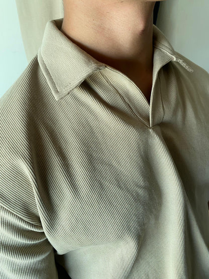 Beige - Buttonless Textured Polo