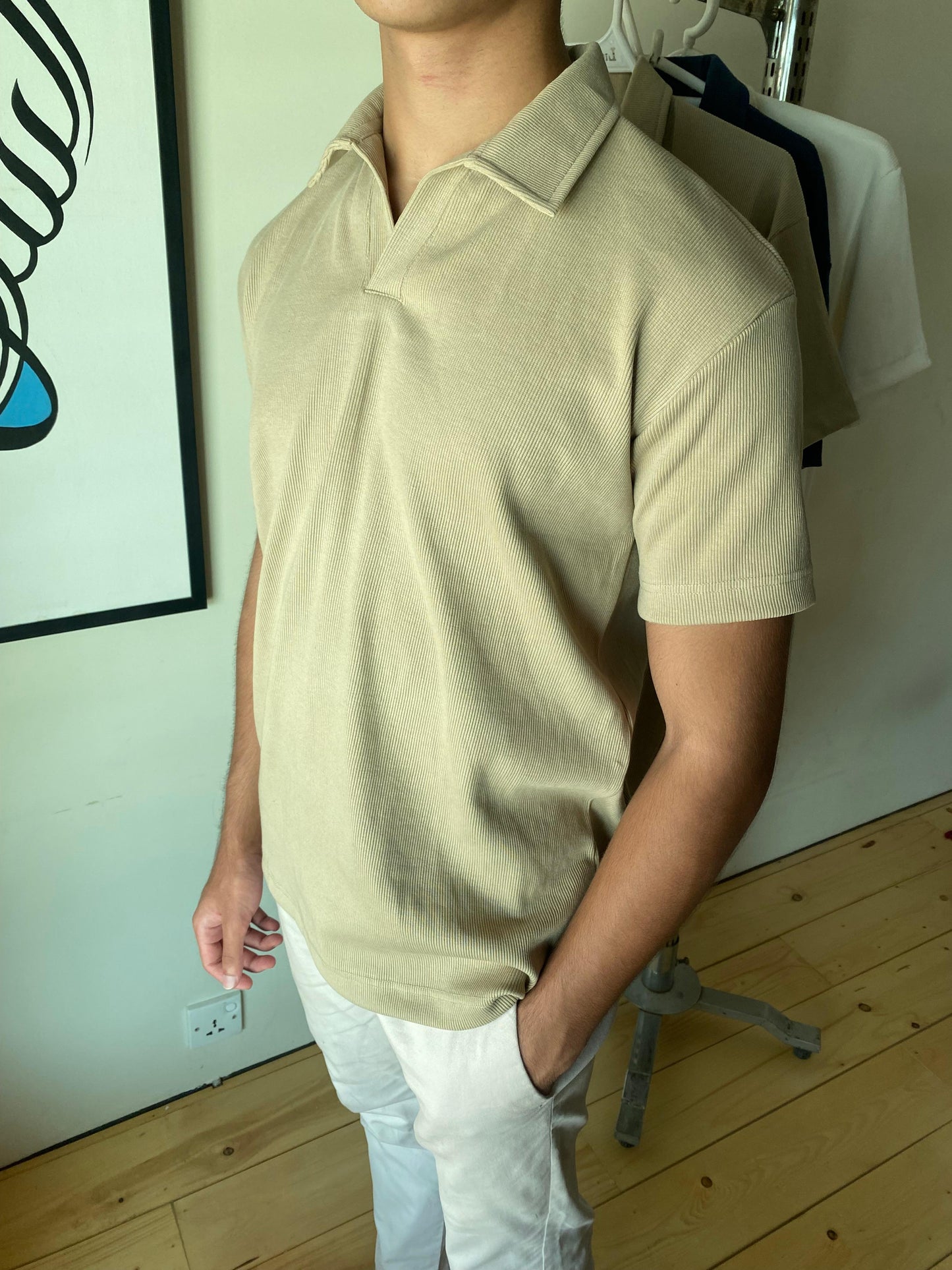 Beige - Buttonless Textured Polo